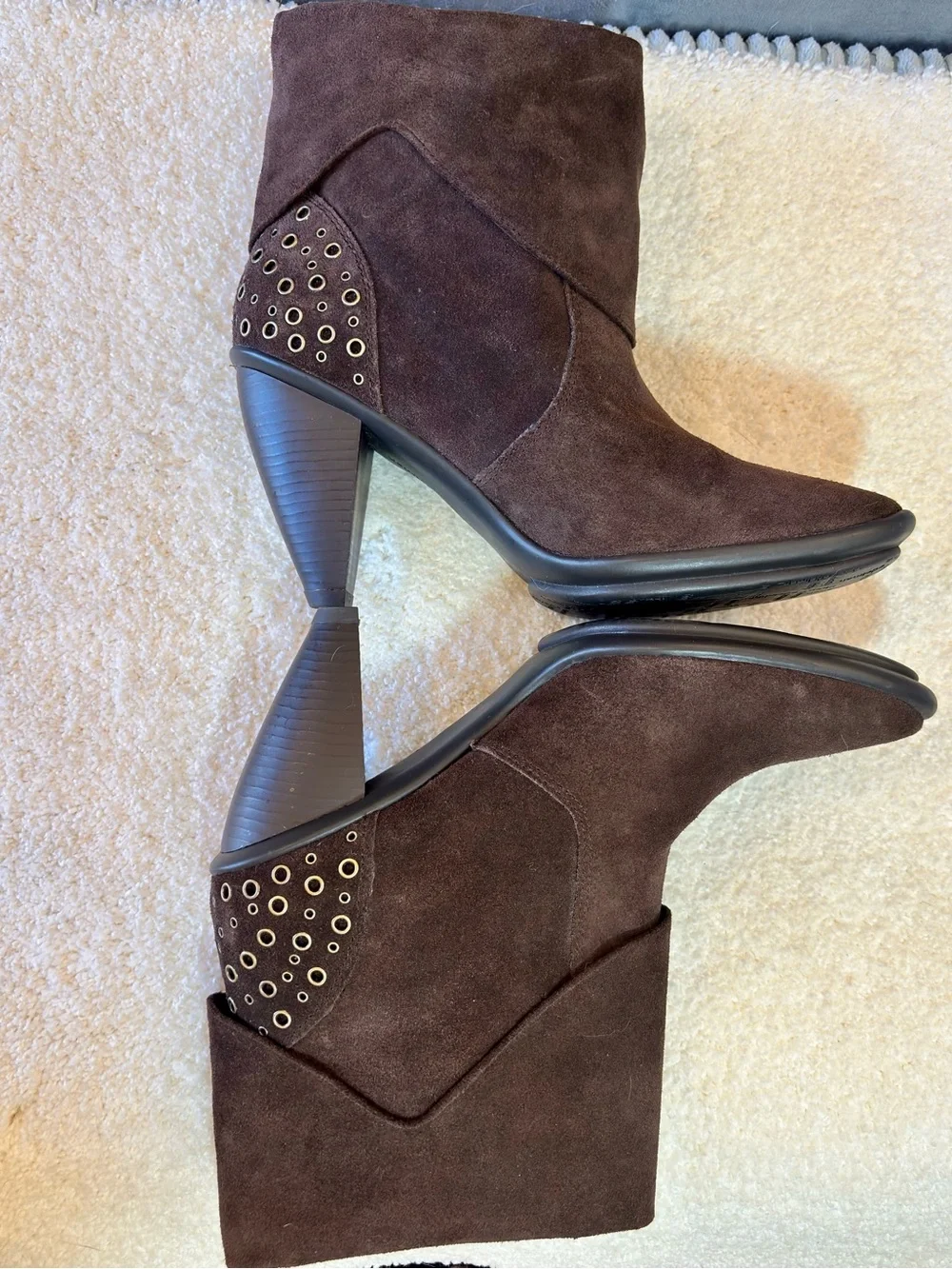 libby. edelman Dark Brown Suede Fold-Over Ankle Booties with Grommet Detail - Picture 5 of 8